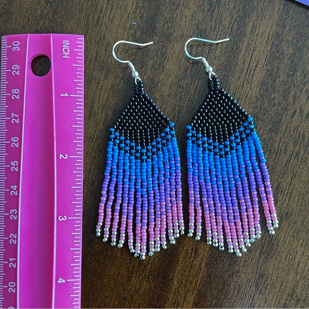Black‎ Blue Purple Pink Silver Gradient Seed Bead Earrings Fringe Handmade
